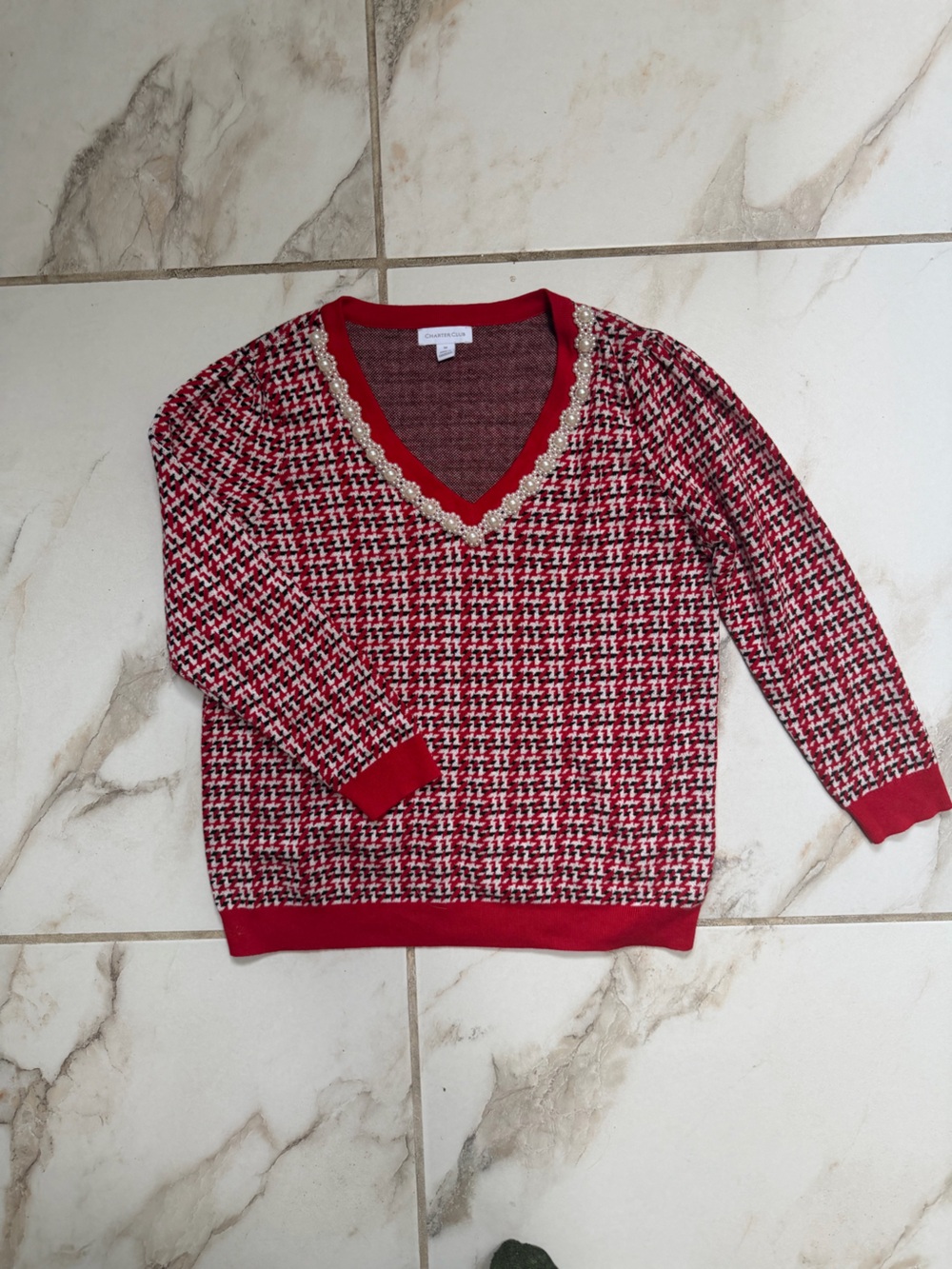 Charter Club Red and White V‑Neck Sweater with Embellished Trim